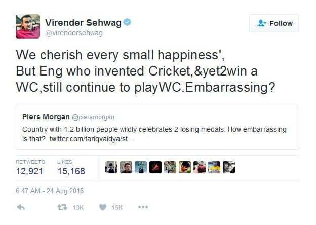 सेहवागने मॉर्गनच्या या ट्वीटला आपल्याच शैलीत प्रत्युत्तर दिलं. आम्ही कोणत्याही लहान गोष्टीचा आनंद जल्लोषात साजरा करतो. पण तिकडे इंग्लंड क्रिकेटचा जन्मदाता असूनही अद्याप विश्वचषक जिंकू शकलेला नाही. पण तरीही हा संघ क्रिकेट खेळतो, हे दुर्दैवी नाही का? असा प्रश्न त्याने मॉर्गनला विचारला.