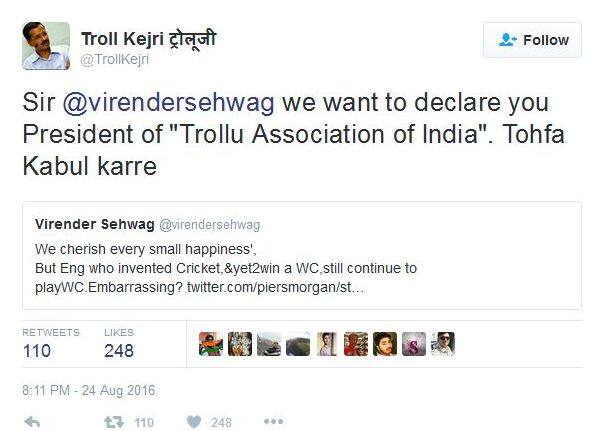 तर दुसरीकडे काही फेक यूजर्स ट्रॉलकेजरीसारखे अकाऊंटवरून सेहवागला ट्रॉलू असोसिएशनचे अध्यक्ष जाहीर केले.