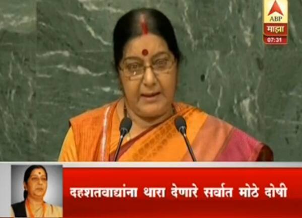 संयुक्त राष्ट्रसंघाच्या व्यासपीठावरुन सुषमा स्वराज यांनी पाकला सुनावलं