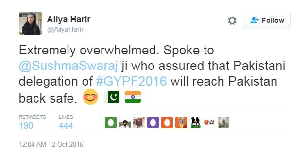 तसेच आपल्या दुसऱ्या ट्विटमधून सुषमा स्वराज यांच्या भेटी बद्दल माहिती दिली. ती म्हणाली की, माझी सुषमा स्वराज यांच्याशी चर्चा झाली. त्यांनी मायदेशी परतण्यासाठी सर्वतोपरी सहकार्य करण्याचे आश्वासन दिलं आहे.