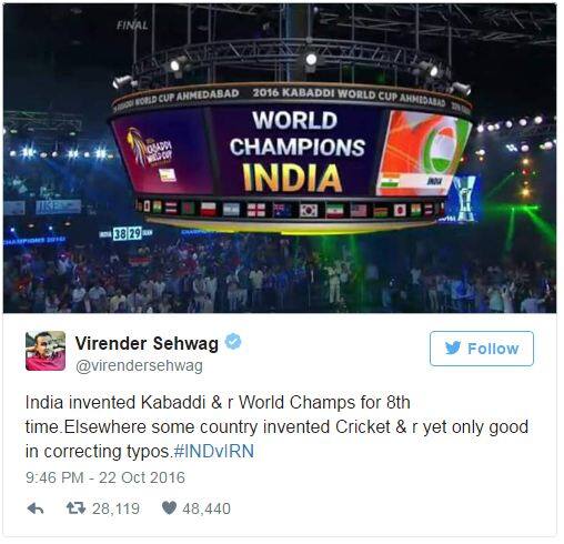 यानंतर वीरुने आपल्या दुसऱ्या ट्वीटमधून ब्रिटीश पत्रकार पियर्स मॉर्गनची कोंडी केली. वीरुनं आपल्या दुसऱ्या ट्वीटमध्ये, ''भारताने कबड्डी या खेळाला जन्म दिला, अन् आठवेळा विश्व चॅम्पियन बनला. पण काही देश असे आहेत, ज्यांनी क्रिकेटला जन्म दिला. पण सध्या टायपोजच दुरुस्त करण्यात व्यस्त आहेत.''