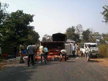 टोमॅटोने भरलेल्या ट्रकचा अपघात, नागरिकांचा टोमॅटोवर डल्ला 