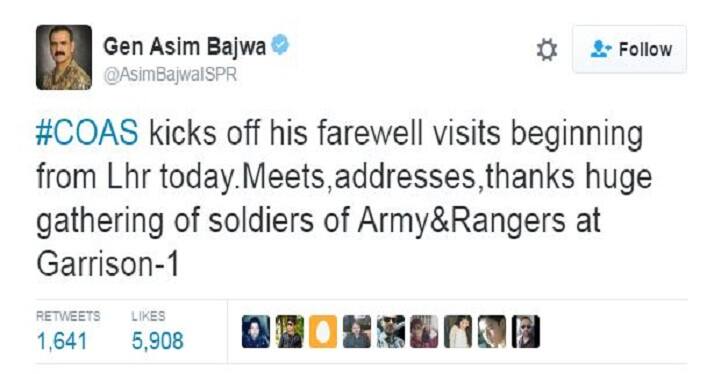 पाकिस्तानच्या ISPR चे डायरेक्टर जनरल असीम बाजवा यांच्या ट्वीटनंतर पाकिस्तानी मीडियामध्ये राहिल शरीफ यांच्या निरोपाची चर्चा सुरु झाली.