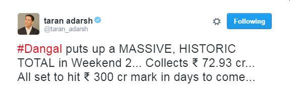 गेल्या दहा दिवसात या सिनेमाने एकूण 270.47 कोटीची कमाई केली असून, चालू आठवड्यात 300 कोटीचा टप्पा सहज पार करेल अशी अपेक्षा व्यक्त केली जात आहे.