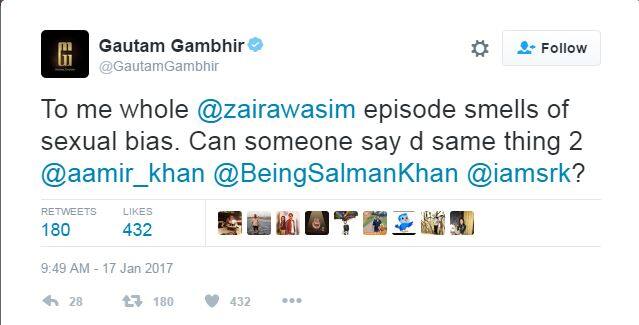 जायराच्या प्रकरणात स्त्री-पुरुष भेद स्पष्ट जाणवतोय. कुणी आमीर खान, शाहरुख खान आणि सलमान खान यांच्या बाबतीत अशी हिंम्मत करु शकतं का, असा सवालही गंभीरने केला आहे.