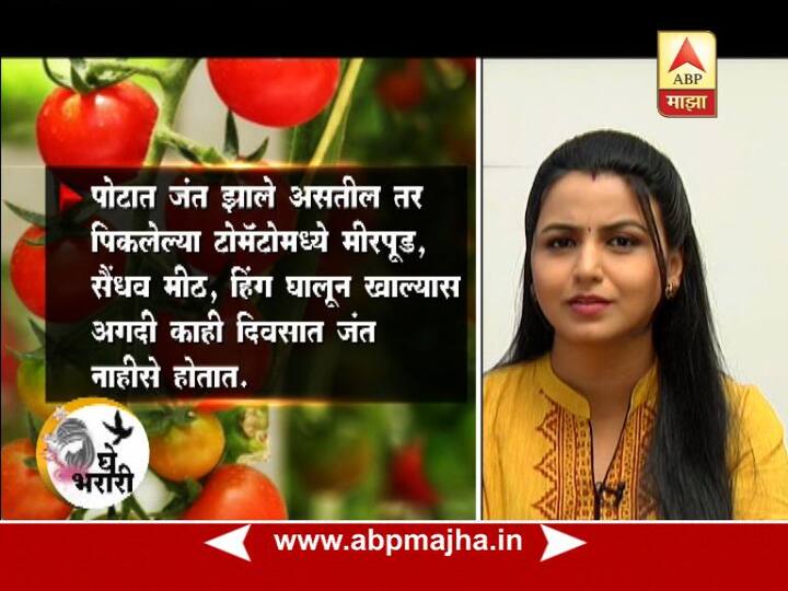 पोटात जंत झाले असता पिकलेल्या टोमॅटोमध्ये मीरपूड, सैंधव मीठ, हिंग घालून खाल्यास काही दिवसांत जंत नाहीसे होतात. 