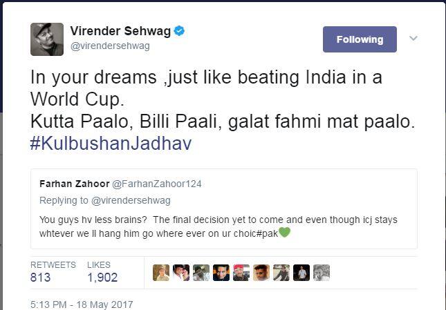 त्याच्या या ट्वीटला सेहवागनंही त्याच भाषेत उत्तर दिलं. 'वर्ल्डकपमध्ये भारताला पराभूत करु हे फक्त तुम्ही स्वप्नच पाहाता. कुत्ता पालो, बिल्ली पालो, गलतफैमी मत पालो. #KulbhushanJadhav