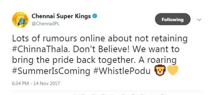 सीएसकेने याबाबत आपल्या अधिकृत ट्विटर हॅण्डलवर माहिती दिली आहे. त्यानुसार, 