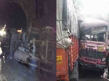 सांगलीत एसटी-आयशरचा अपघात, तर अमृतांजन पुलाच्या पिलरवर कंटेनर आदळला