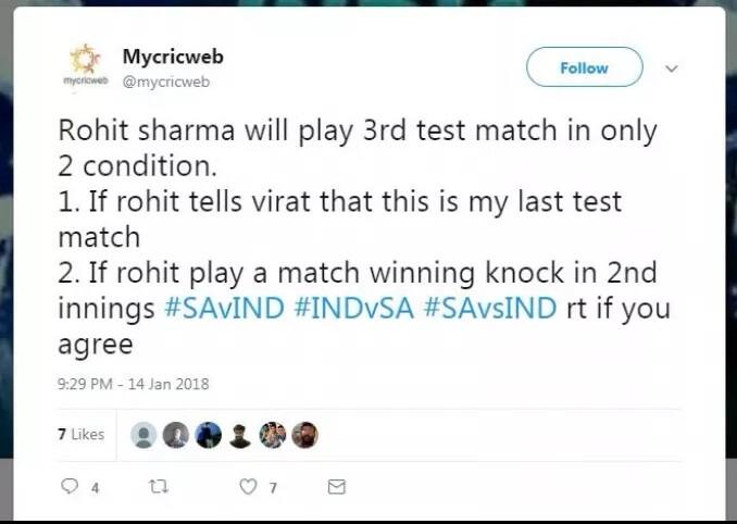 दुसऱ्या एका पेजवर असं म्हटलं आहे की, 'रोहित फक्त दोन कंडिशन्समध्ये तिसरी कसोटी खेळू शकतो. एक म्हणजे जर त्यानं विराटला सांगितलं की, ही माझी शेवटची कसोटी असेल. किंवा दुसऱ्या डावात मॅचविनिंग खेळी खेळल्यास.'