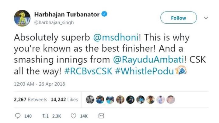 यामुळेच धोनीला बेस्ट फिनिशर म्हणतात, असं हरभजन म्हणाला. शिवाय त्याने अंबाती रायडूचंही कौतुक केलं.