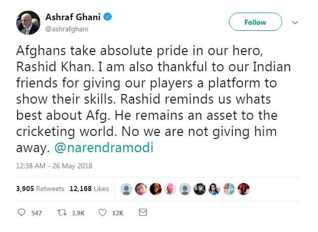 भारतीय चाहत्यांकडून राशिद खानचं कौतुक होत असताना, तिकडे अफगाणिस्तानचे अध्यक्ष अश्रफ घणी हे सुद्धा भारावून गेले आहेत. तसंच राशिद खान हा अफगाणिस्तानचा हिरो आहे, त्याला आम्ही सोडणार नाही, असंही अश्रफ घणी म्हणाले.