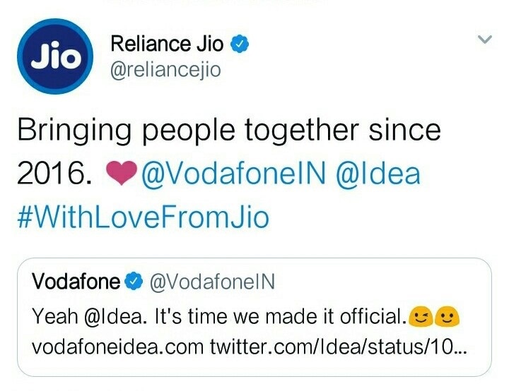 Reliance jio replay to Idea Vodafone on twitter आयडिया-व्होडाफोन एकत्र, जिओचं दोघांनाही उत्तर, एअरटेलचीही उडी