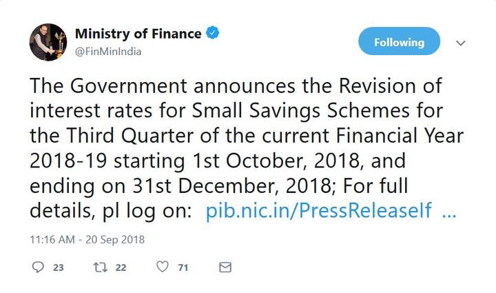 अर्थ मंत्रालयाने आज (20 सप्टेंबर) ट्विटरच्या माध्यमातून याची माहिती दिली. यानुसार आता सुकन्या समृद्धी योजना, पब्लिक प्रोव्हिडंट फंडसह इतर योजनांवर जास्त व्याज मिळणार आहे.