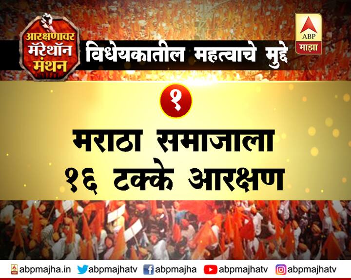 राज्य सरकारने आज विधीमंडळात मराठा आरक्षणासंबधीचा कृती अहवाल (अॅक्शन टेकन रिपोर्ट) मांडला. मागास आयोगाने सादर केलेल्या अहवालानुसार मराठा समाज हा मागासलेपणाचे आर्थिक, सामाजिक आणि शैक्षणिक हे तिनही निकष पूर्ण करतो. त्यामुळेच मागास आयोगाने सादर केलेल्या अहवालामध्ये मराठा समाज हा मागास असल्याचा निष्कर्ष नोंदवण्यात आला आहे. त्यामुळेच विधेयकात मराठा समाजाला 16 टक्के आरक्षणाची तरतूद करण्यात आली आहे.