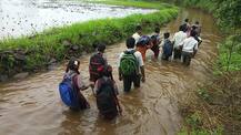 शिक्षणासाठी संघर्ष : कंबरभर पाण्यातून वाट काढत विद्यार्थ्यांचा जीवघेणा प्रवास