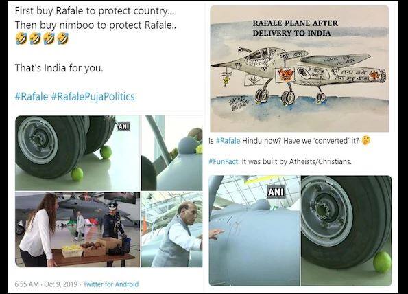 फ्रान्स सरकारने काल पहिलं राफेल लढाऊ विमान भारताला सुपूर्द केलं. संरक्षण मंत्री राजनाथ सिंह यांनी यावेळी राफेलची लिंबू, नारळ, फुलं वाहून पूजा केली. 