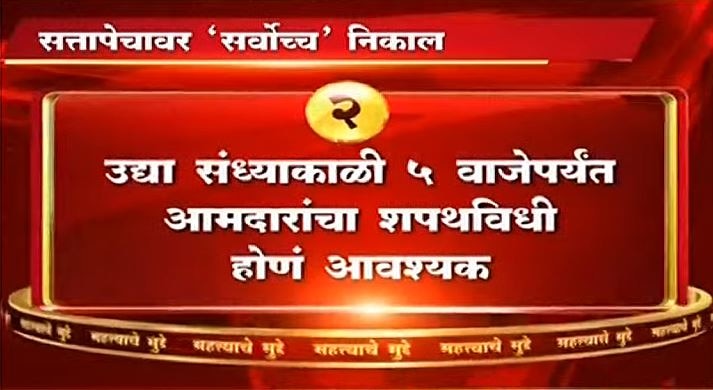 सुप्रीम कोर्टाने उद्याच बहुमत चाचणी घेण्याचा आदेश दिला. तसेच बहुमत चाचणी गुप्त मतदानाने होणार नाही, त्याचं लाईव्ह टेलिकास्ट करा, असे निर्देशही सुप्रीम कोर्टाने दिले आहेत. 