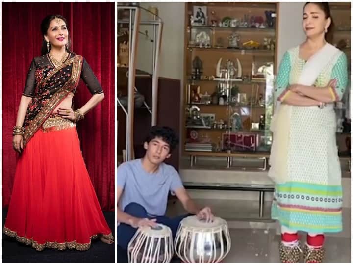 Lockdown madhuri dixit classical dance performance as his son beats tabla duo video gets viral over internet VIDEO | मुलाच्या तबला वादनावर बॉलिवूड अभिनेत्री माधुरी दीक्षितने धरला ठेका
