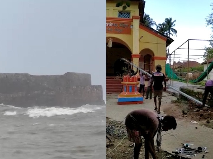 Fishermen helps to MSEDCL for Electricity pole Sindhudurg fort खवळलेल्या समुद्रातून वीजेचे खांब सिंधुदुर्ग किल्ल्यावर, मच्छिमारांचे महावितरणला सहकार्य