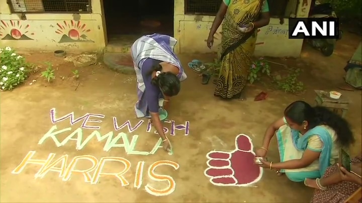 The native village of US Democratic Kamala Harris in Tamil Nadu, make rangoli to show their support for her कमला हॅरिस यांच्या विजयाचा जल्लोश करण्यासाठी भारतातील 'हे' गाव सज्ज
