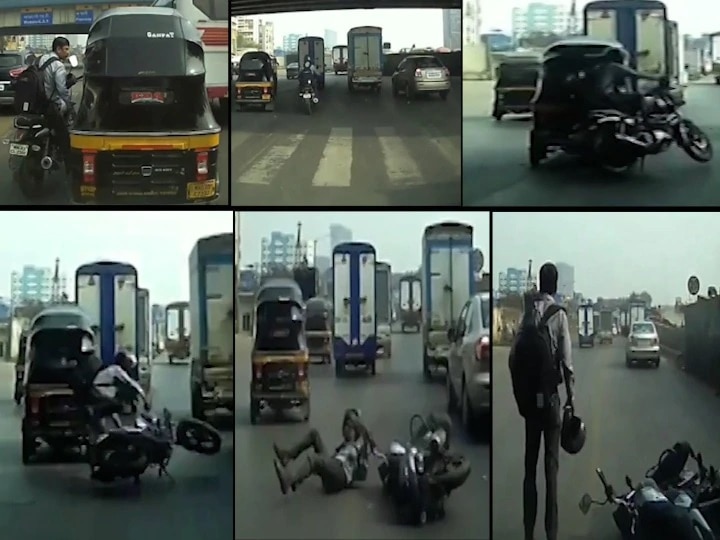 rickshaw driver arrested for hitting two wheeler in mumbai भर रस्त्यात दुचाकीस्वाराला जोरदार धडक देणाऱ्या मुजोर रिक्षाचालकाला अखेर अटक