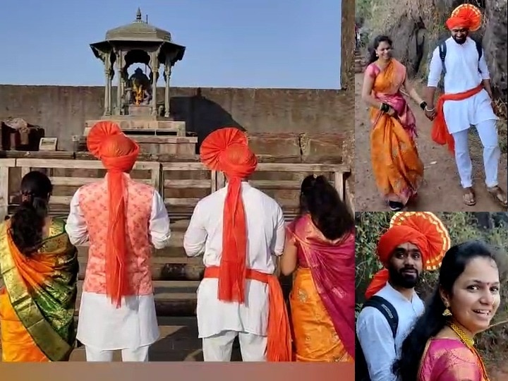 Belgaon couple started their married life with the blessings of Chhatrapati Shivaji Maharaj at Raigad बेळगावातील शिवभक्त जोडप्यांकडून रायगडावर शिवरायांना मुजरा करुन सहजीवनाचा प्रारंभ