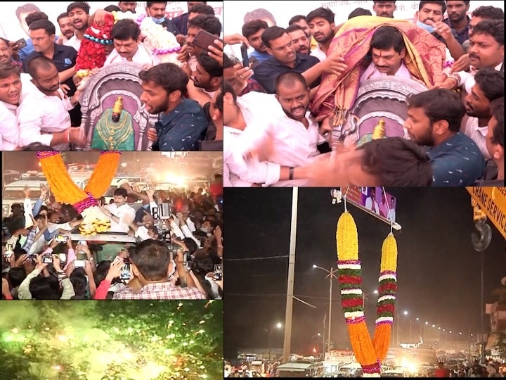 Dhananjay Munde receives a grand welcome in aurangabad  बाबो! क्रेननं हार घालत धनंजय मुंडेंचं औरंगाबादमध्ये जंगी स्वागत