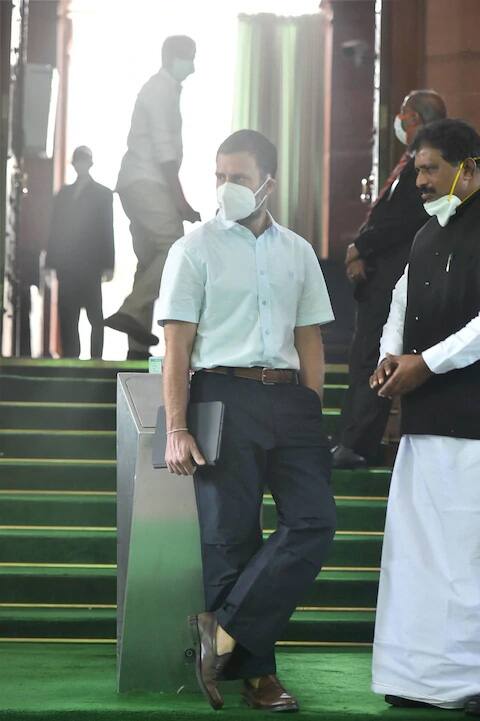 संसदेत आणि राजकीय कार्यक्रमांना कायम कुर्ता- पायजमामध्ये दिसणारे राहुल गांधी काल संसदेत वेगळ्या लूकमध्ये दिसले.