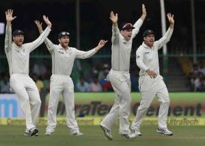 New Zealand team appeals for a wicket during first test match in Kanpur, India , Thursday, Sept. 22, 2016. (AP Photo/ Tsering Topgyal)