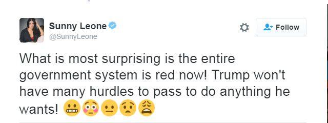 ਸੰਨੀ ਲਿਓਨੀ ਨੇ ਲਿੱਖਿਆ, ਹੁਣ ਪੂਰਾ ਸਿਸਟਮ ਲਾਲ ਹੋ ਗਿਆ ਹੈ। ਟਰੰਪ ਹੁਣ ਜੋ ਮਰਜ਼ੀ ਆਏ ਕਰ ਸਕਦਾ ਹੈ। 