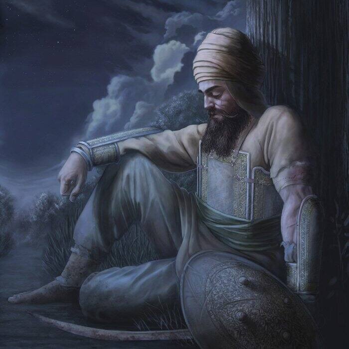 ਕਟਵਾਏ ਚਾਰ ਪਿਸਰ ਏਕ ਆਂਸੂ ਨਾ ਗਿਰਾਯਾ, ਰੁਤਬਾ ਗੁਰੂ ਗੋਬਿੰਦ ਨੇ ਰਿਸ਼ੀਉਂ ਕਾ ਬੜਾਯਾ, ਸ੍ਰੀ ਗੁਰੂ ਗੋਬਿੰਦ ਸਿੰਘ ਮਾਛੀਵਾੜੇ ਦੇ ਜੰਗਲਾਂ 'ਚ ਅਕਾਲ ਪੁਰਖ ਨਾਲ ਵਾਰਤਾਲਾਪ ਕਰਦੇ ਹੋਏ।