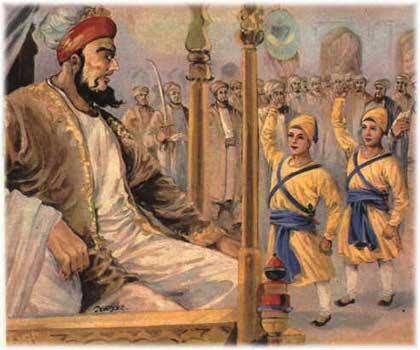 ਸਾਹਿਬਜ਼ਾਦੇ ਸੂਬੇ ਦੀ ਕਚਹਿਰੀ ਵਿੱਚ ਆਪਣੇ ਜਵਾਬਾਂ ਨਾਲ ਵਜ਼ੀਰ ਖਾਨ ਨੂੰ ਨਿਰੁੱਤਰ ਕਰਦੇ ਹੋਏ।
