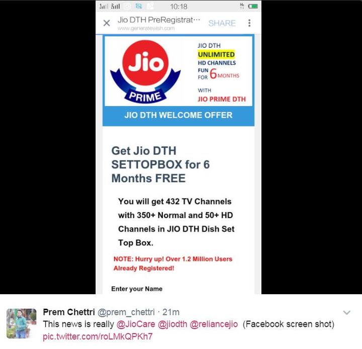 ਚੰਡੀਗੜ੍ਹ: ਜੀਓ ਕੰਪਨੀ ਆਪਣੀ ਹੋਮ DTH (ਡਾਇਰੈਕਟ ਟੂ ਹੋਮ) ਸਰਵਿਸ ਜਲਦ ਲਾਂਚ ਕਰਨ ਵਾਲੀ ਹੈ। ਇਸ ਗੱਲ ਦੀ ਚਰਚਾ ਪਿਛਲੇ ਕਾਫ਼ੀ ਦਿਨਾਂ ਤੋਂ ਜ਼ੋਰਾਂ ਉੱਤੇ ਹੈ। ਸੋਸ਼ਲ ਮੀਡੀਆ ਉੱਤੇ ਇੱਕ ਸਕਰੀਨ ਸ਼ੌਟ ਸਾਹਮਣੇ ਆਇਆ ਹੈ ਜਿਸ ਵਿੱਚ ਦਾਅਵਾ ਕੀਤਾ ਜਾ ਰਿਹਾ ਹੈ ਕਿ ਜੀਓ ਡੀਟੀਐਚ ਸਰਵਿਸ ਲਈ ਰਜਿਸਟ੍ਰੇਸ਼ਨ ਸ਼ੁਰੂ ਹੋ ਚੁੱਕਾ ਹੈ।