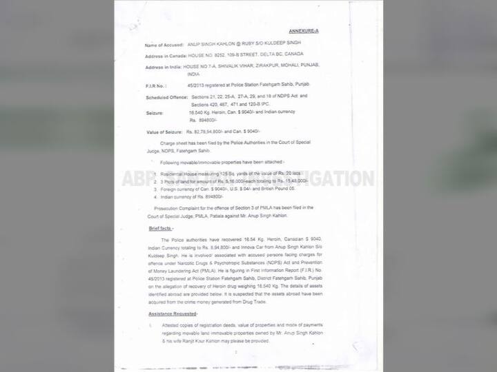ਅਨੂਪ ਸਿੰਘ ਕਾਹਲੋਂ ਜੋ ਬ੍ਰਿਟਿਸ਼ ਕੋਲੰਬੀਆ ਕੈਨੇਡਾ ਦਾ ਨਿਵਾਸੀ ਹੈ ਪਰ ਅੱਜਕਲ ਨਸ਼ਾ ਤਸਕਰੀ ਕਰਨ ਦੇ ਇਲਜ਼ਾਮ ਹੇਠ ਪੰਜਾਬ ਦੀ ਜੇਲ ਵਿੱਚ ਹੈ। ਪੰਜਾਬ ਪੁਲਿਸ ਨੇ ਕਾਹਲੋਂ ਨੂੰ 16.540 ਕਿੱਲੋ ਹੈਰੋਇਨ, 9040 ਕੈਨੇਡੀਅਨ ਡਾਲਰ ਤੇ 8.94 ਲੱਖ ਭਾਰਤੀ ਕਰੰਸੀ ਨਾਲ ਗ੍ਰਿਫ਼ਤਾਰ ਕੀਤਾ ਸੀ। 