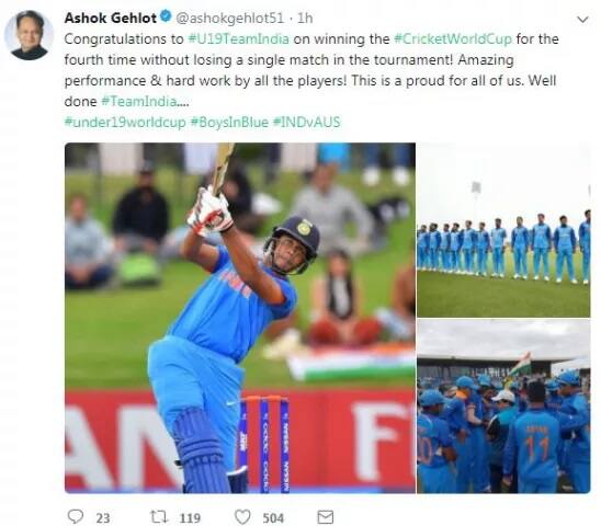 ਰਾਜਸਥਾਨ ਦੇ ਸਾਬਕਾ ਸੀਐਮ ਅਸ਼ੋਕ ਗਹਿਲੋਤ ਨੇ ਟੀਮ ਨੂੰ ਵਧਾਈ ਦਿੰਦੇ ਹੋਏ ਲਿਖਿਆ- ਬਿਨਾ ਕੋਈ ਮੈਚ ਹਾਰੇ ਚੌਥੀ ਵਾਰ ਕੱਪ ਜਿੱਤਣ ਵਾਲੀ ਟੀਮ ਨੂੰ ਮੁਬਾਰਕਾਂ।