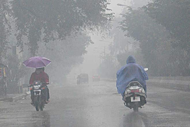 Bikers cover themeselves with umbrealla and raincoat as it poured the day through in Jalandhar. Tribune Photo:MAlkiat Singh