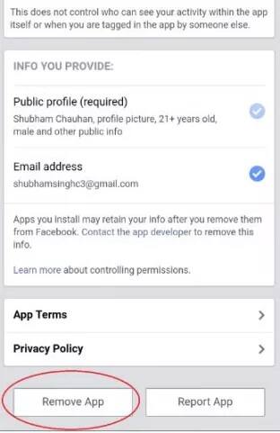 ਇਸ ਸੂਚੀ 'ਤੇ ਕਲਿੱਕ ਕਰਨ ਤੋਂ ਬਾਅਦ ਤੁਹਾਨੂੰ ਹਰ ਐਪ ਨੂੰ Remove ਕਰਨ ਦਾ ਵਿਕਲਪ ਮਿਲਦਾ ਹੈ। ਸਾਰੇ ਗ਼ੈਰ ਜ਼ਰੂਰੀ ਐਪਸ ਨੂੰ Remove ਕਰਕੇ ਤੁਸੀਂ ਆਪਣੇ ਖਾਤੇ ਨੂੰ ਸੁਰੱਖਿਅਤ ਰੱਖ ਸਕਦੇ ਹੋ। ਨਾਲ ਭਵਿੱਖ ਵਿੱਚ ਆਪਣੇ ਖਾਤੇ ਨੂੰ ਸੁਰੱਖਿਅਤ ਰੱਖਣ ਲਈ ਅਸੀਂ ਸਲਾਹ ਦਿੰਦੇ ਹਾਂ ਕਿ ਅਜਿਹੇ ਕਿਸੇ ਵੀ ਤਰ੍ਹਾਂ ਦੇ ਐਪ 'ਤੇ ਕਲਿੱਕ ਨਾ ਕਰੋ। 