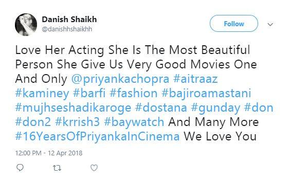 ਗਲੋਬਲ ਸੇਂਸੇਸ਼ਨ ਪ੍ਰਿਅੰਕਾ ਚੋਪੜਾ ਨੇ ਬਾਲੀਵੁੱਡ ਇੰਡਸਟਰੀ ‘ਚ ਆਪਣੇ 16 ਸਾਲ ਪੂਰੇ ਕਰ ਲੲੈ ਨੇ। ਜਿਸ ਕਰਕੇ ਉਸਦੇ ਫੈਨਸ ਨੇ ਪ੍ਰਿਅੰਕਾ ਨੂੰ ਸੋਸ਼ਲ ਮੀਡੀਆ ‘ਤੇ ਇਸਦੀ ਵਧਾਈ ਦਿੱਤੀ।