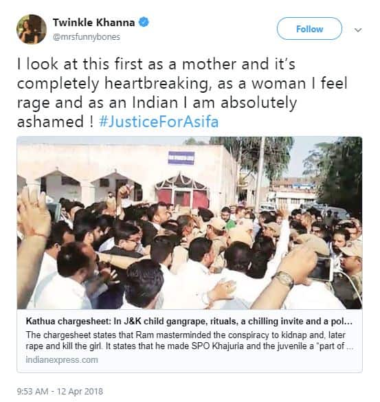 ਸਾਰੇ ਸੈਲੀਬ੍ਰਿਟੀਜ਼ #JusticeForAsifa ਲਿਖ ਕੇ ਅਸੀਫਾ ਲਈ ਇੰਸਾਫ ਦੀ ਮੰਗ ਕਰ ਰਹੇ ਨੇ। ਸੋਸ਼ਲ ਮੀਡੀਆ 'ਤੇ ਇਸ ਮਾਮਲੇ ਨੂੰ ਲੈ ਕੇ ਕਾਫੀ ਹੜਕੰਪ ਮਚਿਆ ਹੋਇਆ ਹੈ।
