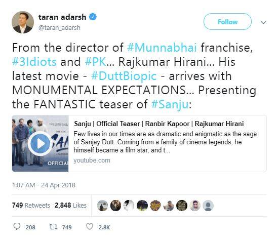 ਅੱਗੇ ਪੜ੍ਹੋ ਬਾਲੀਵੁੱਡ ਦੇ ਹੋਰ ਸਿਤਾਰਿਆਂ ਦੀਆਂ ਸੰਜੇ ਦੱਤ ਦੀ ਬਾਇਓਪਿਕ ਬਾਰੇ ਕੀਤੀਆਂ ਟਿੱਪਣੀਆਂ ਨੂੰ-