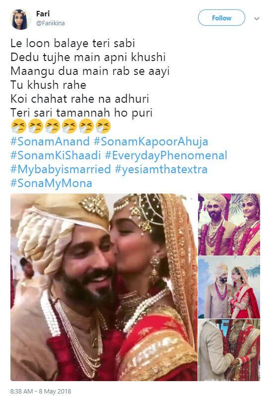 ਸੋਨਮ ਤੇ ਆਨੰਦ ਆਹੂਜਾ ਦਾ ਵਿਆਹ 8 ਮਈ ਨੂੰ ਹੋ ਗਿਆ ਹੈ। ਇਸ ਲਈ ਸਿਰਫ ਕਪੂਰ ਫੈਮਿਲੀ ਨੇ ਹੀ ਨਹੀਂ ਸਗੋਂ ਜਸ਼ਨ ਮਨਾਇਆ ਸੋਨਮ ਦੇ ਫੈਨਸ ਨੇ ਵੀ। ਇਸ ਗੱਲ ਦਾ ਸਬੂਤ ਹੈ ਸੋਸ਼ਲ ਮੀਡੀਆ ‘ਤੇ ਮਿਲ ਰਹੀ ਦੋਵਾਂ ਨੂੰ ਵਿਆਹ ਦੀ ਵਧਾਈ।