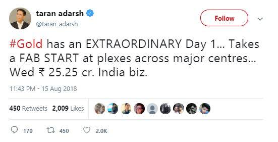 ‘ਗੋਲਡ’ ਦੀ ਬਾਕਸਆਫਿਸ 'ਤੇ ਜ਼ਬਰਦਸਤ ਕਲੈਕਸ਼ਨ