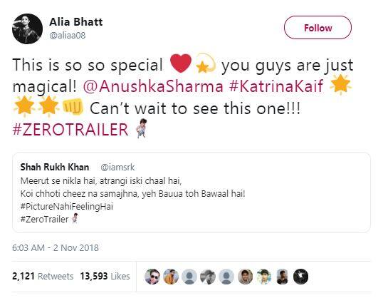 ਕੁਝ ਫੈਨਸ ਤੋਂ ਬਾਅਦ ਟ੍ਰੇਲਰ ਨੂੰ ਦੇਖ ਆਲਿਆ ਭੱਟ ਨੇ ਲਿਖਿਆ, ‘ਇਹ ਕਾਫੀ ਸਪੈਸ਼ਲ ਹੈ। ਤੁਸੀ ਸਬ ਮੈਜਿਕਲ ਲੱਗ ਰਹੇ ਹੋ। ਫ਼ਿਲਮ ਨੂੰ ਦੇਖਣ ਦਾ ਮੈਂ ਹੁਣ ਹੋਰ ਇੰਤਜ਼ਾਰ ਨਹੀਂ ਕਰ ਸਕਦੀ’।