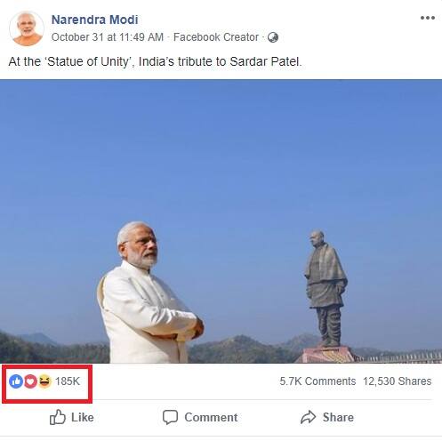 ਪਿਛਲੇ ਦਿਨਾਂ ਵਿੱਚ ਪੋਸਟ ਹੋਈਆਂ ਤਸਵੀਰਾਂ ਦੀ ਤੁਲਨਾ ਕੀਤੀ ਜਾਵੇ ਤਾਂ ਪ੍ਰਧਾਨ ਮੰਤਰੀ ਨਰੇਂਦਰ ਮੋਦੀ ਦੀ ਤਸਵੀਰ ਨੂੰ ਵੀ ਇੰਨੇ ਲਾਈਕਸ ਨਹੀਂ ਮਿਲੇ। ਉਦਾਹਰਣ ਵਜੋਂ ਪ੍ਰਧਾਨ ਮੰਤਰੀ ਨਰੇਂਦਰ ਮੋਦੀ ਦੀ 31 ਅਕਤੂਬਰ ਨੂੰ ਸਟੈਚਿਊ ਆਫ਼ ਯੂਨਿਟੀ ਨਾਲ ਫੇਸਬੁੱਕ 'ਤੇ ਪੋਸਟ ਕੀਤੀ ਤਸਵੀਰ ਨੂੰ ਇੱਕ ਲੱਖ 82 ਹਜ਼ਾਰ ਲੋਕਾਂ ਨੇ ਲਾਈਕ ਕੀਤਾ ਹੈ ਤੇ 5600 ਕੁਮੈਂਟ ਹੋਏ ਹਨ। ਇਸ ਤੋਂ ਪਹਿਲਾਂ 29 ਅਕਤੂਬਰ ਨੂੰ ਪ੍ਰਧਾਨ ਮੰਤਰੀ ਨਰੇਂਦਰ ਮੋਦੀ ਨੇ ਸਭ ਤੋਂ ਉੱਚਾ, ਸਭ ਤੋਂ ਸ਼ਾਨਦਾਰ.. ਲੋਹ ਪੁਰਸ਼ ਹੈ ਹਮਾਰਾ ਸਰਦਾਰ! ਸਿਰਲੇਖ ਨਾਲ ਸਟੈਚਿਊ ਆਫ਼ ਯੂਨਿਟੀ ਦਾ ਇੱਕ ਵੀਡੀਓ ਸ਼ੇਅਰ ਕੀਤਾ ਸੀ। ਬੇਸ਼ੱਕ ਇਸ ਵੀਡੀਓ ਨੂੰ 3.5 ਮਿਲੀਅਨ ਵਿਊਜ਼ ਮਿਲੇ ਹਨ ਪਰ ਲਾਈਕਸ ਦਾ ਅੰਕੜਾ 1.63 ਲੱਖ ਦਾ ਹੈ।
