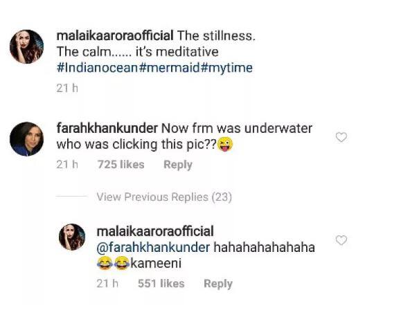 ਇਨ੍ਹਾਂ ਤਸਵੀਰਾਂ ‘ਤੇ ਫੈਨਸ ਦੇ ਨਾਲ-ਨਾਲ ਬੀ-ਟਾਊਨ ਦੇ ਲੋਕ ਵੀ ਕੁਮੈਂਟ ਅਤੇ ਲਾਈਕ ਕਰ ਰਹੇ ਹਨ। ਫੋਟੋ ‘ਤੇ ਫਰਾਹ ਖ਼ਾਨ ਮਜ਼ਾਕਿਆ ਅੰਦਾਜ਼ ‘ਚ ਲਿਖਦੀ ਹੈ ਕਿ ‘ਪਾਣੀ ਦੇ ਅੰਦਰ ਤੁਹਾਡੀਆਂ ਤਸਵੀਰਾਂ ਕੌਣ ਕਲਿੱਕ ਕਰ ਰਿਹਾ ਹੈ।”