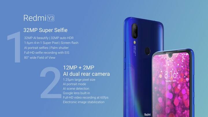 ਫੋਨ ‘ਚ 6.26 ਇੰਚ ਦਾ HD+ IPS LCD ਡਿਸਪਲੇ ਦਿੱਤਾ ਗਿਆ ਹੈ ਜੋ ਡਾਟ ਨੋਚ ਨਾਲ ਆਉਂਦਾ ਹੈ। ਰੇਡਮੀ ਵਾਈ 3 ਐਂਡ੍ਰਾਈਡ 9 ਆਊਟ ਆਫ ਦੇ ਬਾਕਸ ‘ਤੇ ਕੰਮ ਕਰਦਾ ਹੈ। ਫੋਨ ਦੇ ਪਿੱਛੇ ਫਿੰਗਰਪ੍ਰਿੰਟ ਸੈਂਸਰ ਦਿੱਤਾ ਗਿਆ ਹੈ।