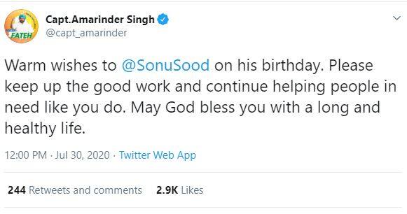 ਸੋਨੂੰ ਸੂਦ ਨੂੰ ਜਨਮਦਿਨ ਮੌਕੇ ਪੰਜਾਬ CM ਕੈਪਟਨ ਅਮਰਿੰਦਰ ਸਿੰਘ ਨੇ ਵੀ ਟਵੀਟ ਕਰ ਵਧਾਈ ਦਿੱਤੀ ਹੈ। ਉਨ੍ਹਾਂ ਲਿਖਿਆ,