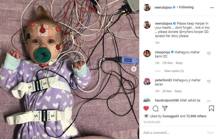ਅਦਾਕਾਰਾ ਨੀਰੂ ਬਾਜਵਾ ਨੇ ਇੱਕ ਹੋਰ ਛੋਟੀ ਬੱਚੀ ਦੀ ਜ਼ਿੰਦਗੀ ਬਚਾਉਣ ਦਾ ਜ਼ਿੱਮਾ ਚੁੱਕਿਆ ਹੈ। ਹਾਰਪਰ ਜੋ Spinal Muscular Atrophy Type-1 ਬਿਮਾਰੀ ਨਾਲ ਲੜ ਰਹੀ ਹੈ, ਦੇ ਇਲਾਜ ਲਈ ਨੀਰੂ ਬਾਜਵਾ ਨੇ ਡੋਨੇਸ਼ਨ ਕਰਨ ਦੀ ਅਪੀਲ ਕੀਤੀ ਹੈ।