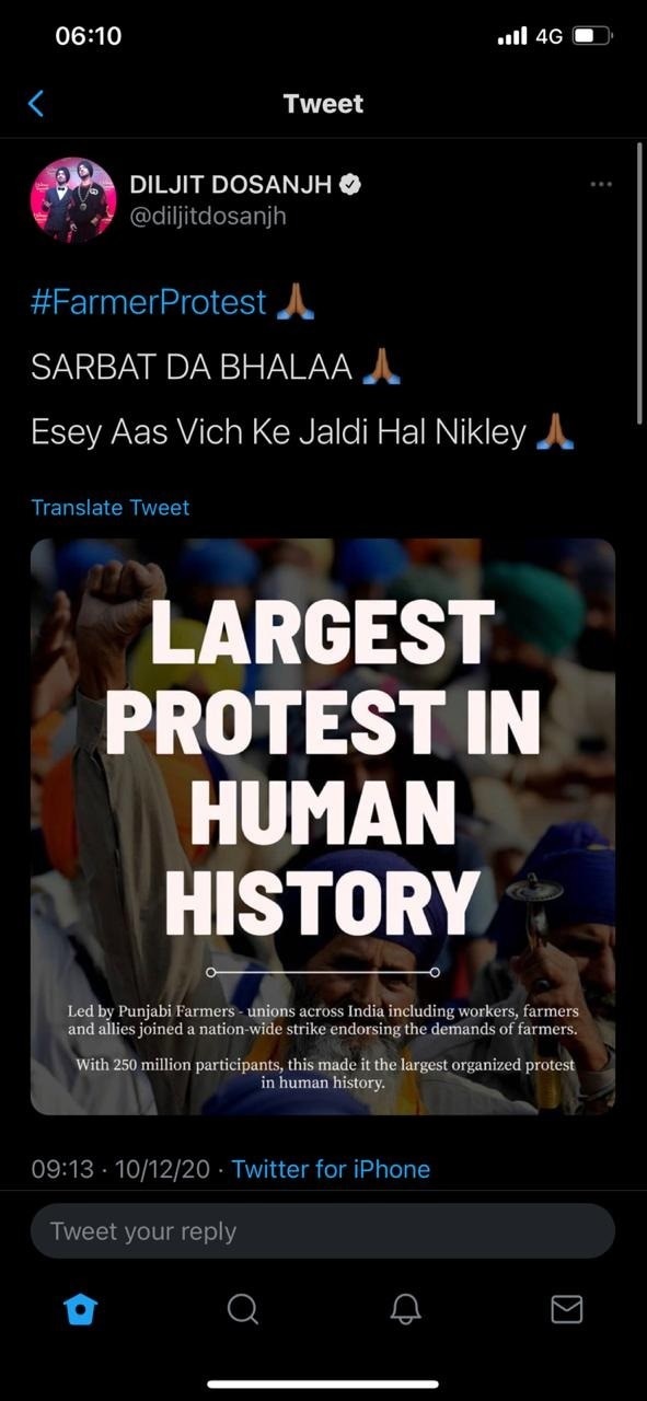 ਦਿਲਜੀਤ ਦੋਸਾਂਝ ਕਿਸਾਨ ਪ੍ਰਦਰਸ਼ਨ ਦੌਰਾਨ ਆਪਣੇ ਰਵੱਈਏ ਕਾਰਨ ਪੂਰੀ ਤਰ੍ਹਾਂ ਛਾਏ ਹੋਏ ਹਨ। ਹੁਣ ਦਿਲਜੀਤ ਨੇ ਕਿਸਾਨਾਂ ਦੇ ਹੱਕ 'ਚ ਪੋਸਟ ਪਾਉਂਦਿਆਂ 'ਸਰਬੱਤ ਦਾ ਭਲਾ' ਮੰਗਿਆ ਤੇ ਲਿਖਿਆ, 'ਏਸੇ ਆਸ ਵਿਚ 'ਚ ਜਲਦੀ ਹੱਲ ਨਿੱਕਲੇ।'
